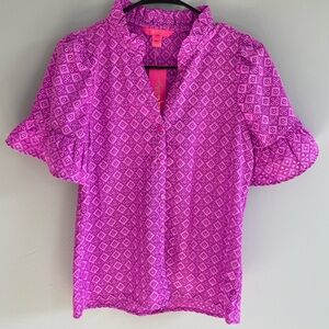 LILLY PULITZER Size 0 CALYNN Eyelet Button Down Shirt - Wild FUCHSIA PINK - NWT